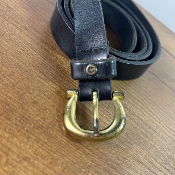 VTG Etienne Aigner Belt Black Leather Womens Brass Tone Buckle and Logo Skinny - Picture 3 of 7